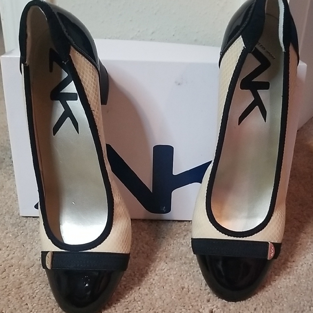 Black and Cream Stiletto Heels with Patent Leather